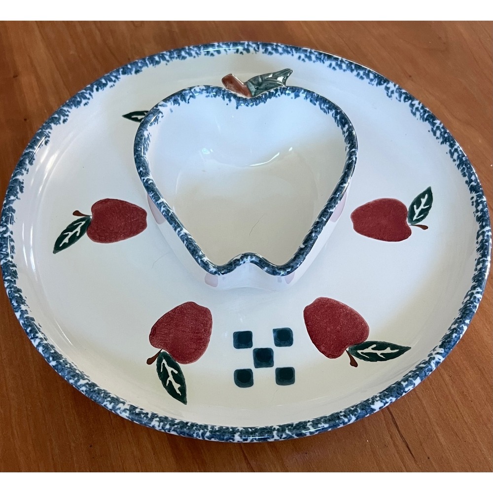 Chaparral Pottery USA Apple Chip/Dip Server Ceramic Platter Spongeware Trim 12"